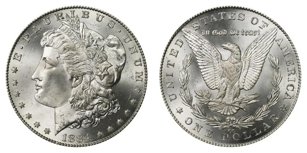 Side-by-side comparison of 1884 Philadelphia dollar versus 1884-CC Carson City dollar highlighting the CC mint mark difference