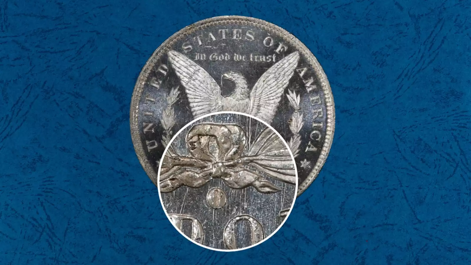 Macro close-up of 1884-O Morgan dollar reverse showing the O/O repunched mintmark VAM-6 variety with ghost O visible inside and to the lower-left of the primary O mint mark
